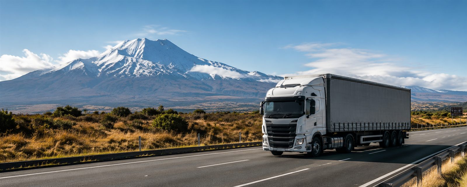 Curtain-side truck travelling through the central North Island