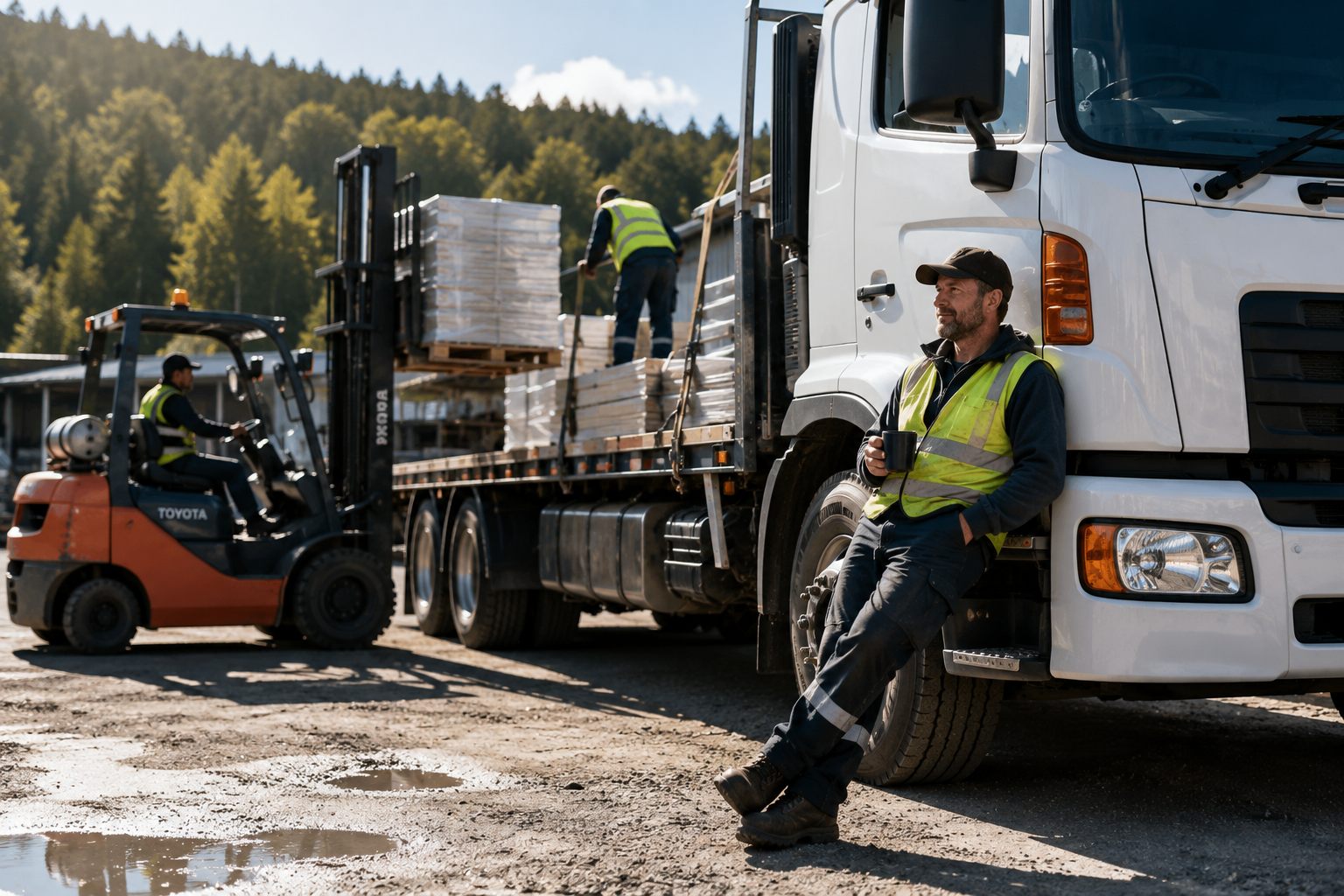 Driver taking a break beside a truck while freight is unloaded